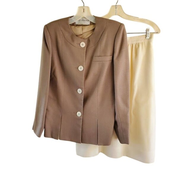 Vintage 80s Jacobson’s Skirt Suit Set Size M Taupe Cream Minimalist Power Suit - Picture 1 of 12